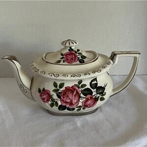 Vintage Gibsons Tea Pot Pink Rose Oval Staffordshire England Silver Trim White